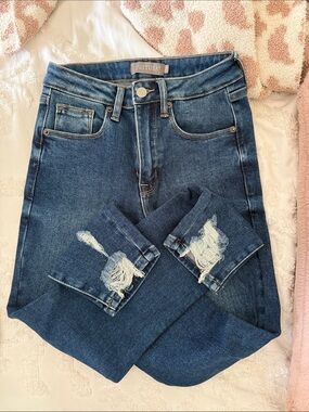Just USA Medium Blue High-Rise Skinny Jeans with Knee Distress